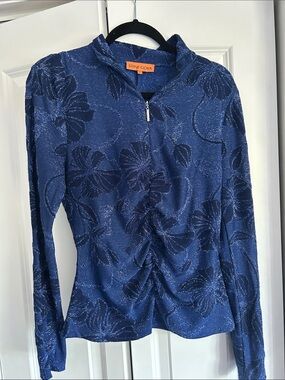 STINE GOYA Navy Blue Glitter Floral Zip-Front Long Sleeve Top